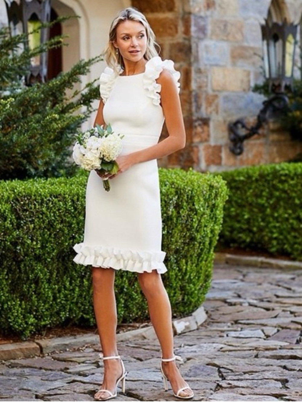 Eliza J White Ruffle-Trim Midi Sheath Dress